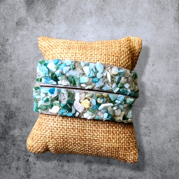 C1 Unique Natural Gemstone Double Wrap Bracelet Aqua Seafoam Green Mint Blue - Picture 7 of 17